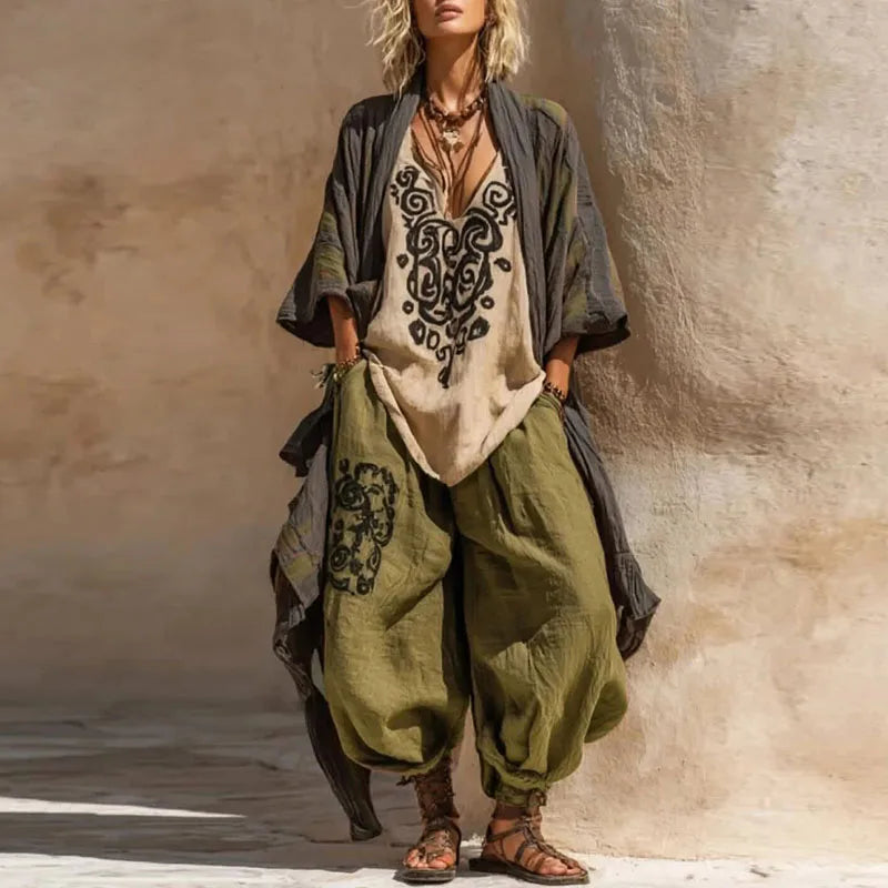 Summer Short Sleeve Loose Robe Set Woman Sexy V Neck Slit Top+Wide Leg Pants+Long Cardigan 3 Piece Suit Spring Print Chic Outfit