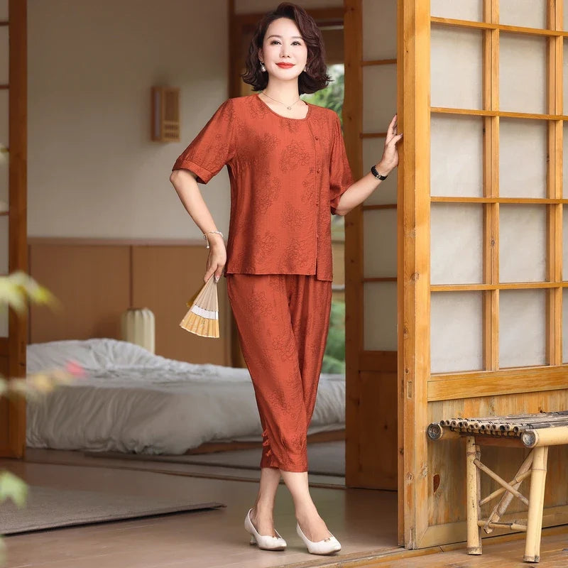 Fake Button T-shirt+pants Summer Embossed Knit Set Women's Fashion Casual Set Short Sleeved Classic Tops 2024 Plus Size Women