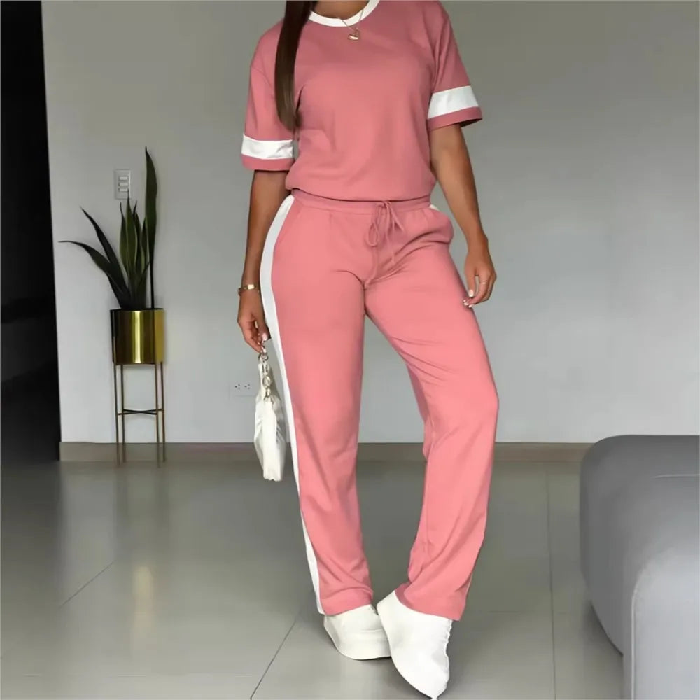Spring Summer New Casual Sports T-shirt Short-sleeved Suit Women Fashion Splicing Side Stripes Simple Trousers 2 Piece Set 2026