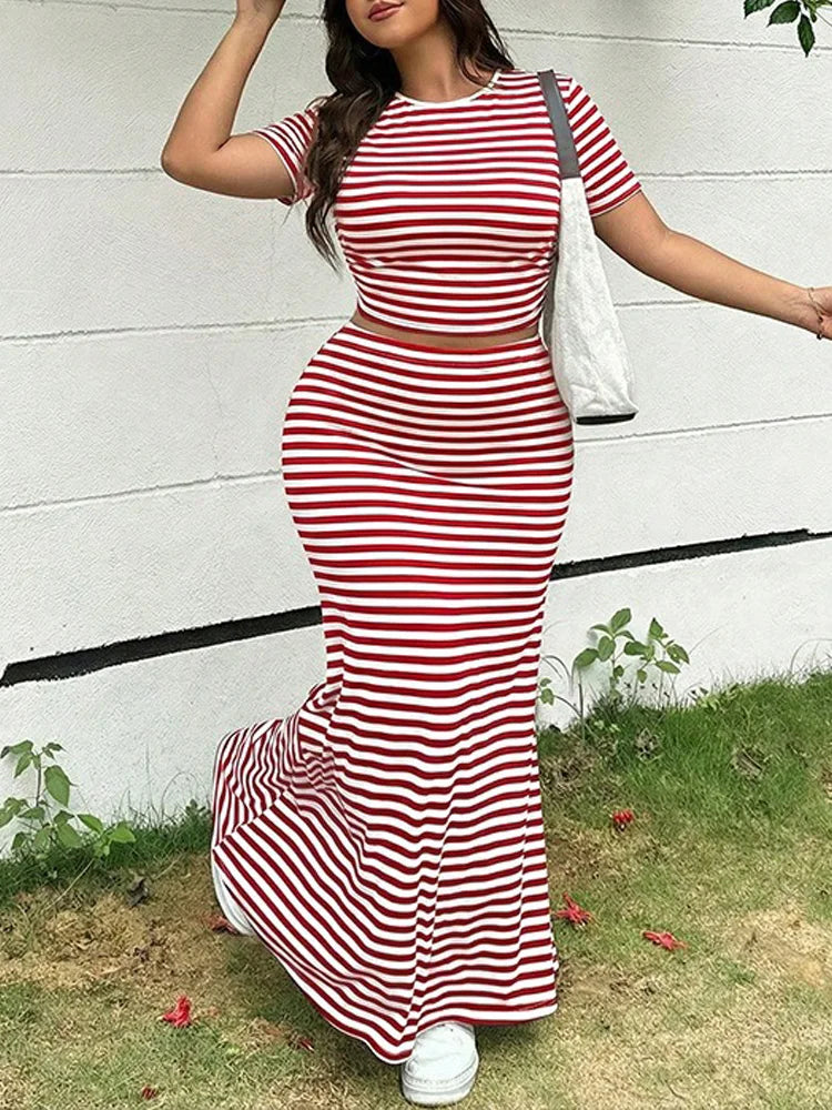 GIBSIE Plus Size Striped O-Neck Short Sleeve Crop Top Women Summer Mermaid Hem Long Skirts Set Female Casual Two Piece Outfit