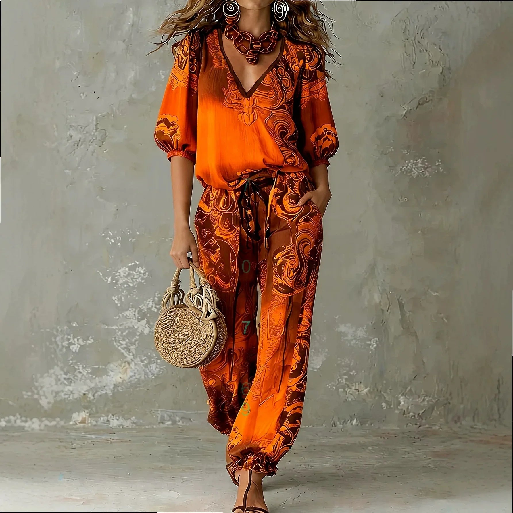 Retro Floral Print V Neck Puff Sleeve Top with Jogger Pants Matching Set for Women Spring Summer
