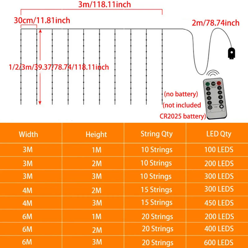 LED Curtain Garland 6x3M/3x3M USB Power Fairy Lights with Remote Control for Christmas New Year Window Decor Festoon Lighting