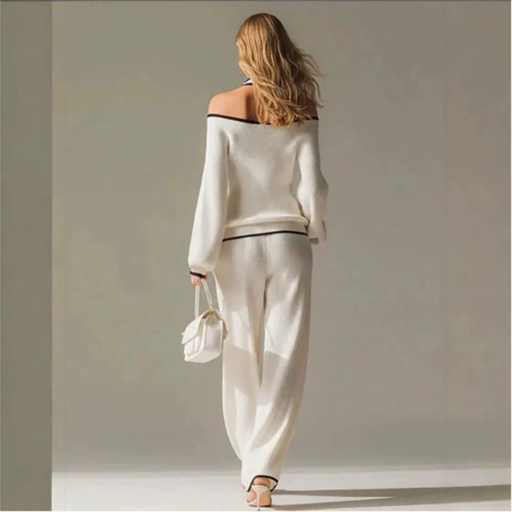 Women Sexy Off-shoulder Long-sleeved T-shirt Trousers 2piece Set Fashion Loose Elegant Color-blocked Pocket Trousers Female Suit