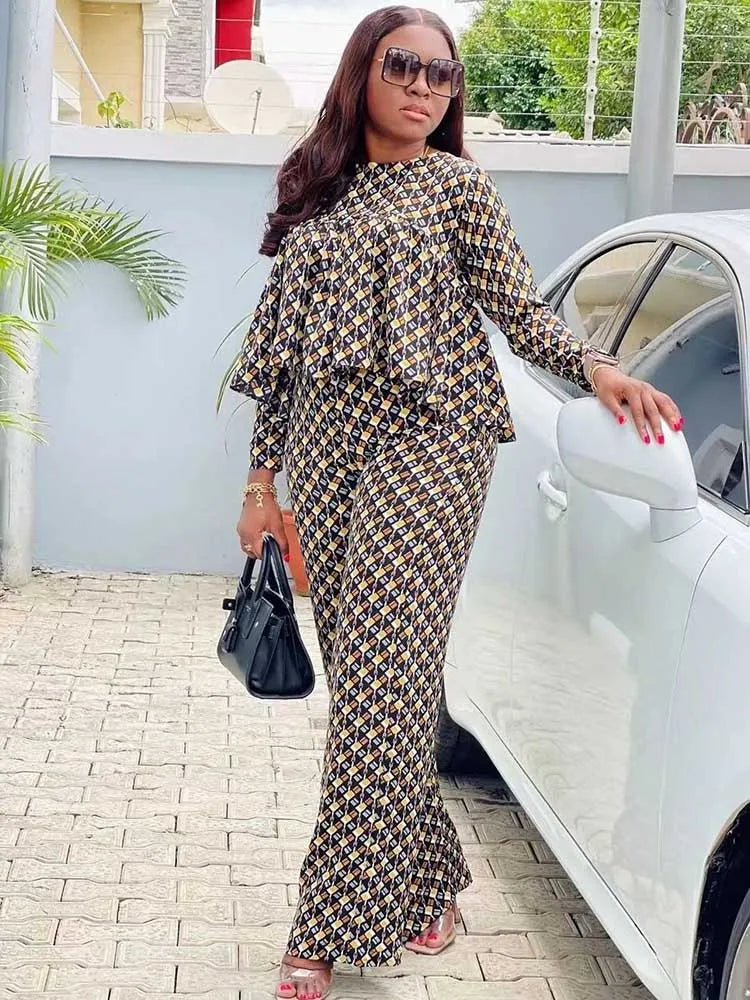 New in Matching Sets Autumn Long Sleeve Plus Size Women 2 Piece Sets Plaid Blouse and Pants Suits Elegant Lady Wear Outfits