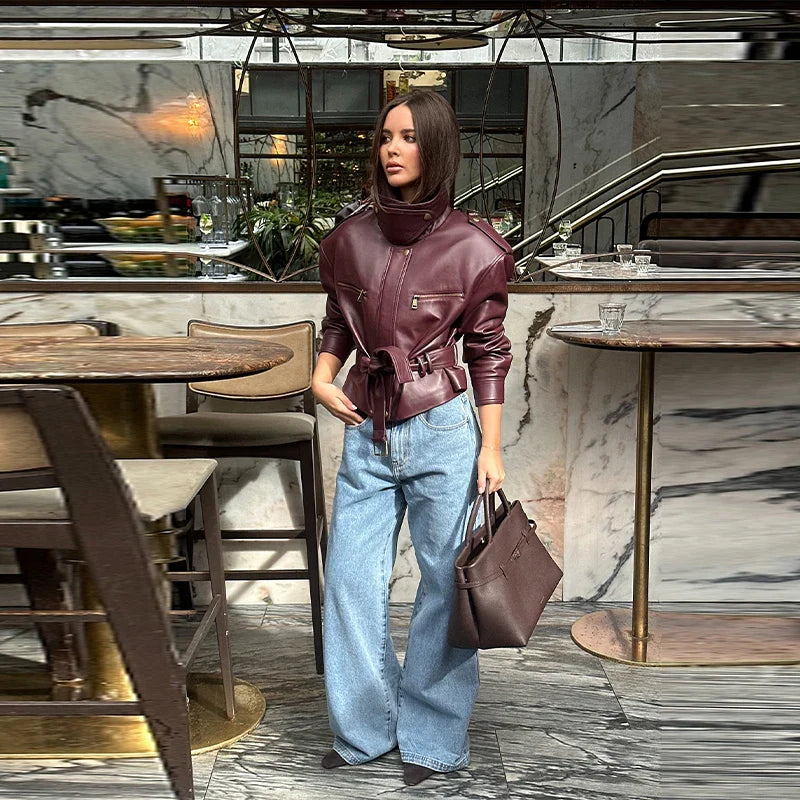 Vintage Fashion Elegant High Neck Leather Jacket 2025 New Exquisite Cinched Waist Short Coat High Street Faux Leather Clothes