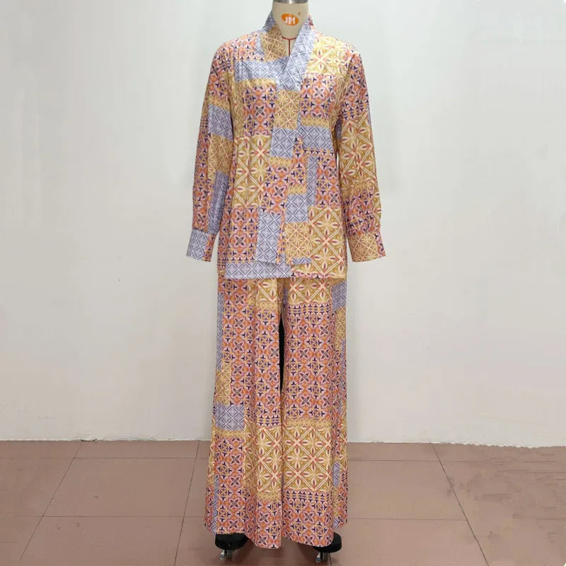 Elegant African Fashion Vintage Ethnic Printed Women Two Piece Set V Neck Long Sleeve Loose Top And Wide Leg Pants Set