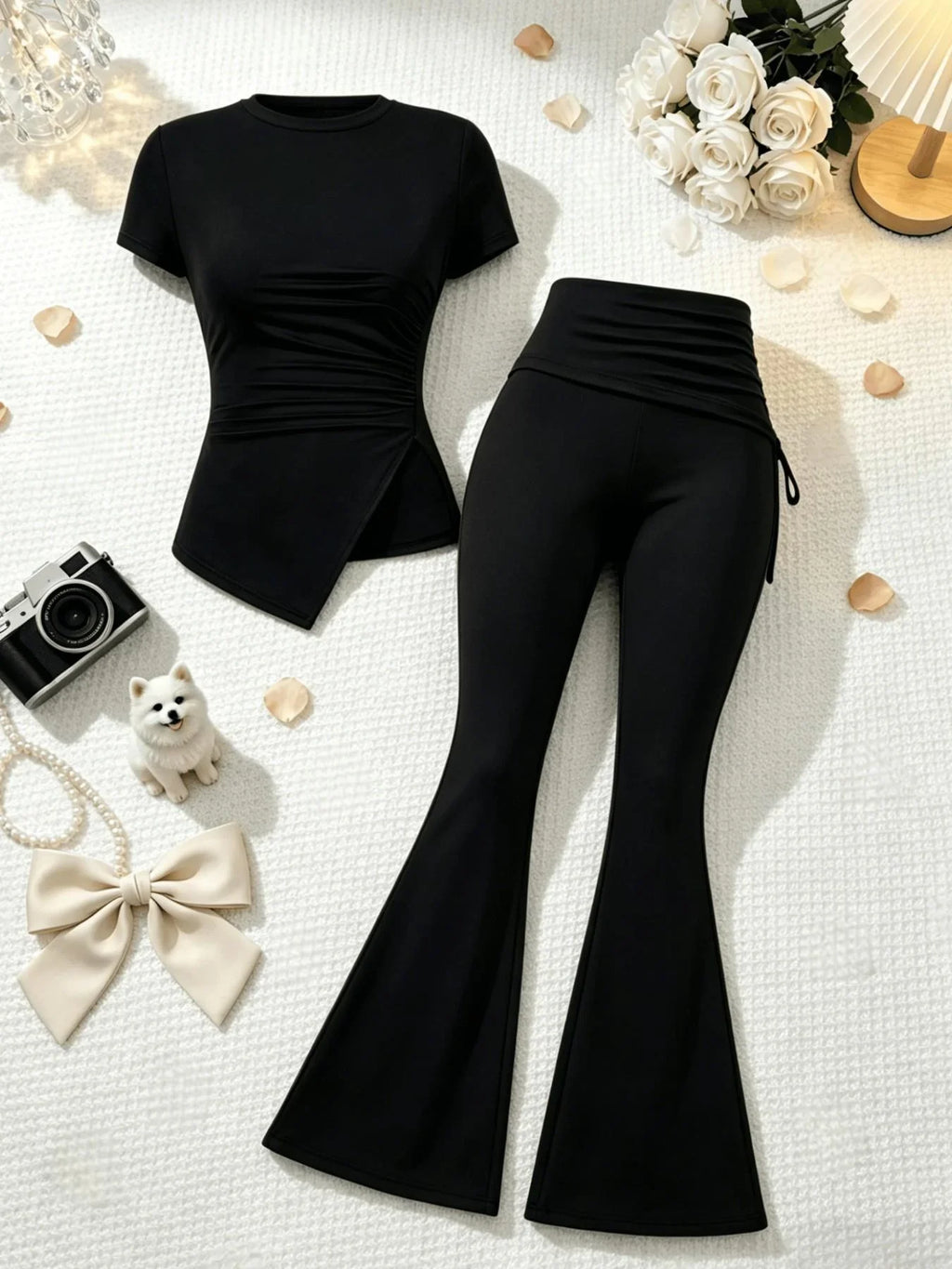 2 Pcs Women Crew Neck Side Ruched Split Hem Short Sleeve Tee High