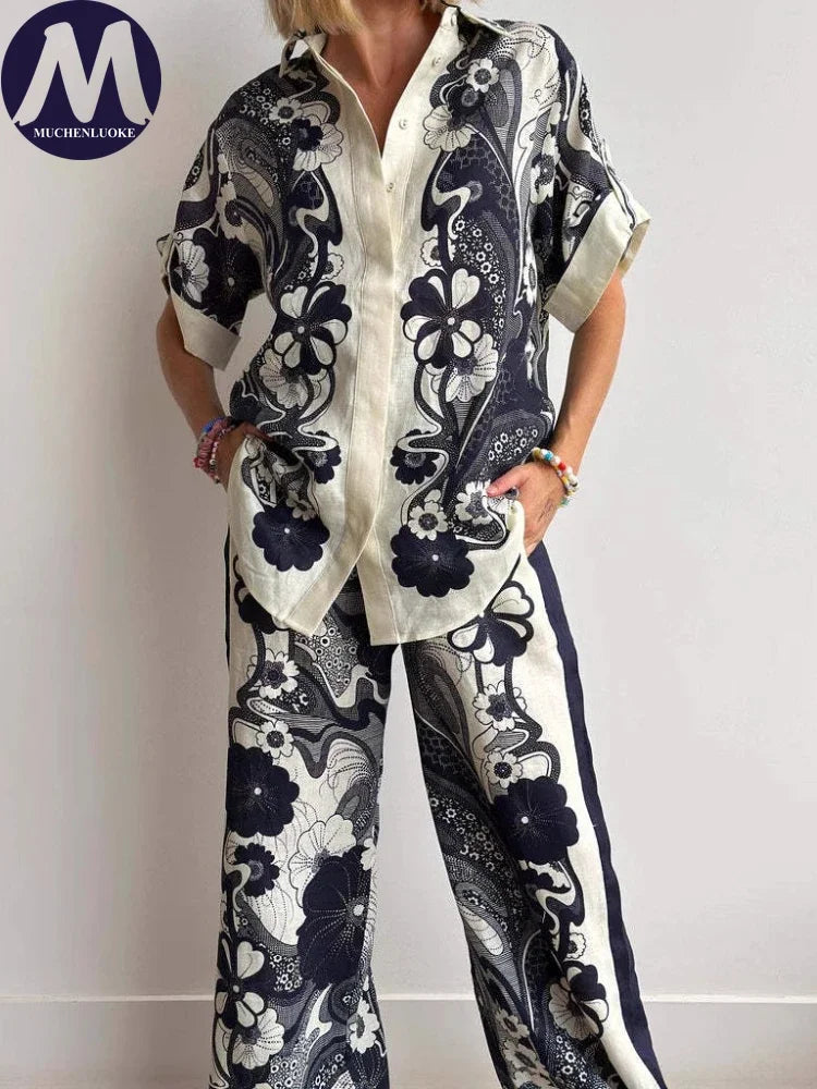 Women's Summer Versatile 2-Piece Set Printed Short Sleeve Shirt Top with Loose Wide Leg Pants Casual Fashion Outfit