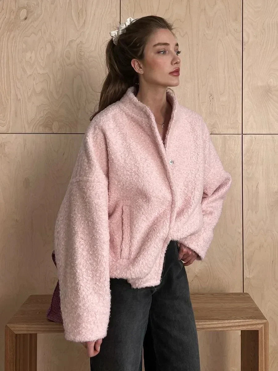 Talenza Women's Pink Short Fur Jacket Autumn Loose Fashion Long Sleeve Jacket Top Casual Stand Collar Pocket Button Warm Jacket