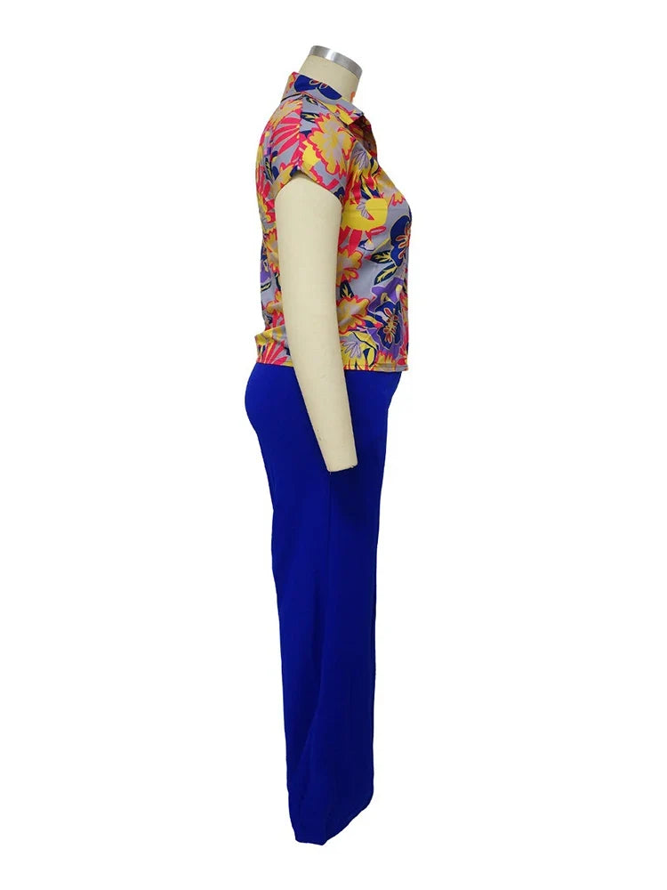 Woman 2 Piece Outfit Set Plus Size Summer Casual Suit Set Floral Print Shirt Pants Set Basic Lounge Wear