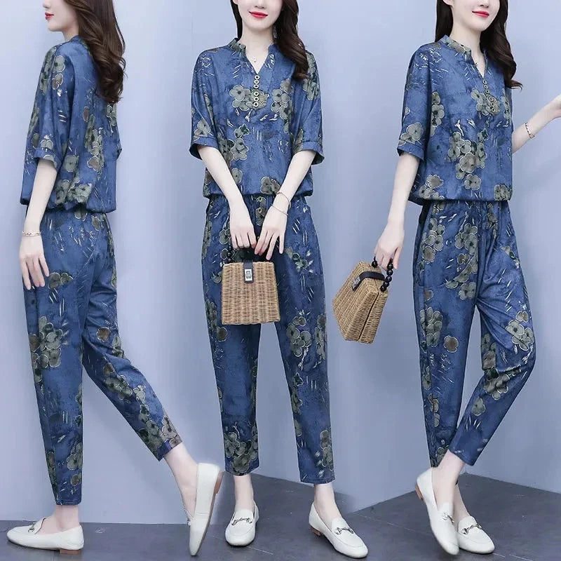 2026 New Korean Sets Women Summer Loose Short Sleeves Printing Tops+ Elastic Waist Pants 2PCS Female Retro Casual Suit Lady 5XL