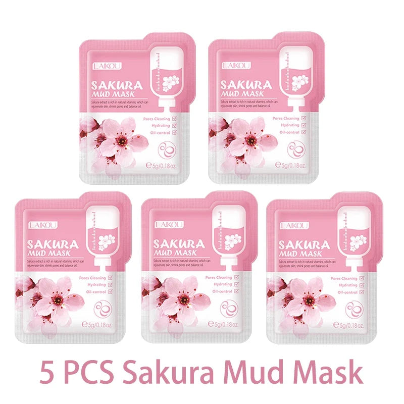 LAIKOU 5pcs Mud Mask Clay Mask Sakura Matcha Eggplant Tea Tree Mung Bean Oil-Control Deep Cleansing Repairing Facial Skin Care