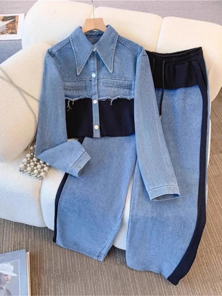 Blue Patchwork Pants Sets Women Fashion Long Sleeve Single-breasted Short Jacket Straight Trousers Two Piece Set Female New