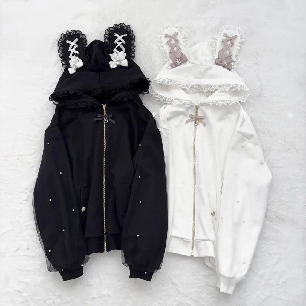 Subculture Japanese Retro Long Sleeve Hoodie Cat Ears Lace Decoration Women Casual Sweatshirt Gothic Y2K Harajuku Autumn Coat