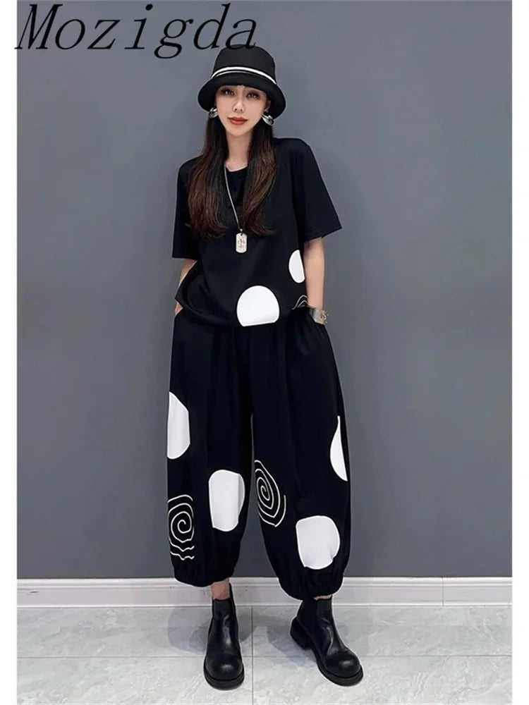Polka Dot Striped Print 2 Two Piece Set Women Summer Casual Fashion Short Sleeve Ladies T-Shirts Loose Wide Leg Woman Pants