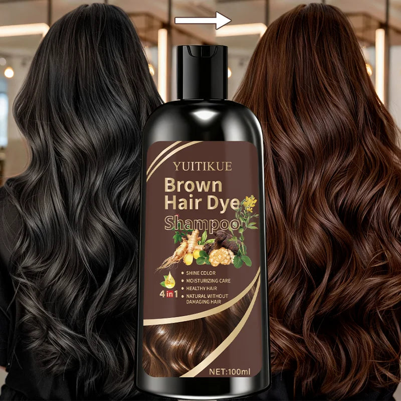 YUITIKUE Brown Hair Dye Shampoo | 4-in-1 Color, Moisturize, Nourish, Natural Ginger Formula 100ml
