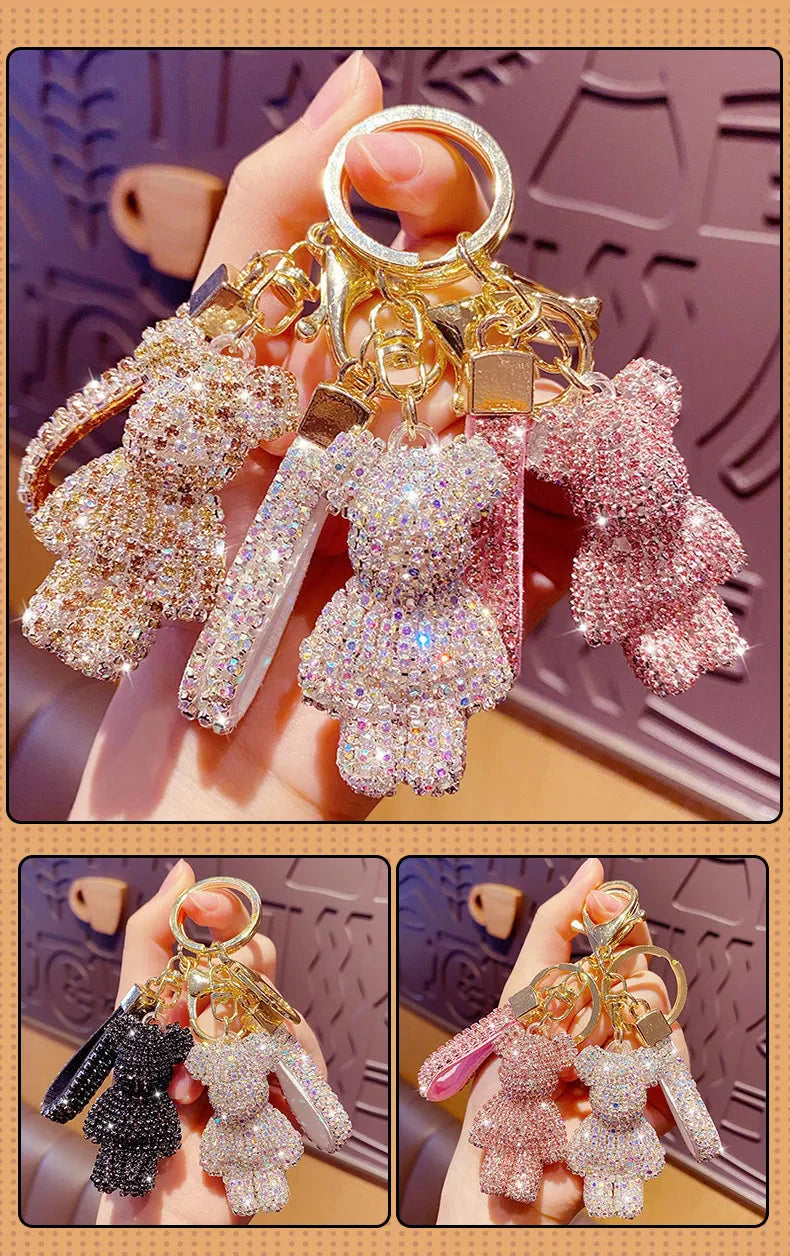Cute Rhinestones Tassel Bear Keychain Couple Keychain Decoration Small Car Ring Student Bag Pendant