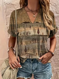 Plus Size Women's V-Neck Fold Sleeve T-Shirt - Ethnic Floral Print Loose Fit Blouse, Fashionable & Elegant Summer Casual Top