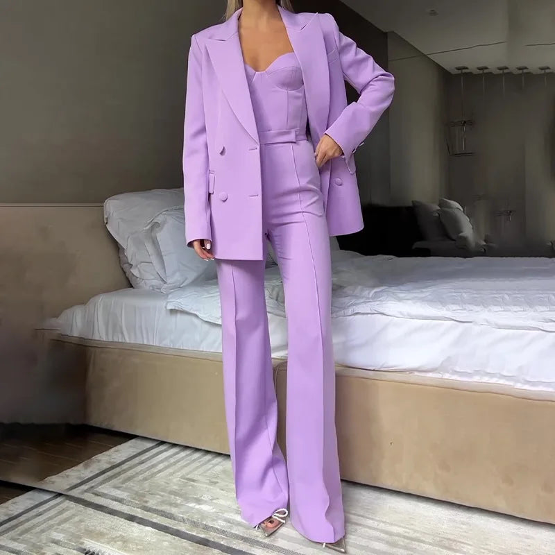 Solid Suit Jacket Corset Pants 3 Piece Set Women Corset Lapel Coat Straight Pants Lady Set 2026 Summer Autumn Commute Outfit New