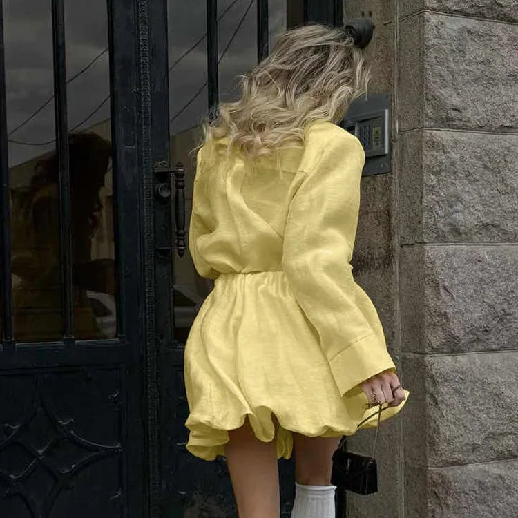 2026 Spring Summer New Casual Fashion For Women With Turn-Down Collar Long Sleeve Cardigan Top And High Waist Puff Skirt