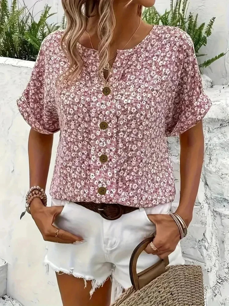 Plus Size Women's Shirts 2025 Spring Summer New Fashion Casual Floral Printing V-Neck Short Sleeve Blouses Korean Style Clothing