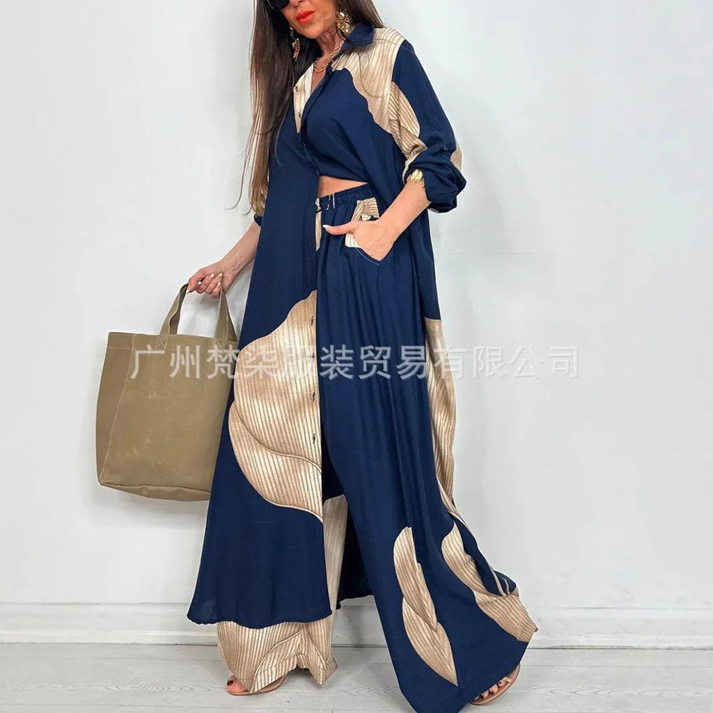 Fashion Loose Printed Long Sleeve 2-piece Set Women's Single-breasted Cardigan Robe Wide-leg Pants Casual Two-piece Outfit Woman