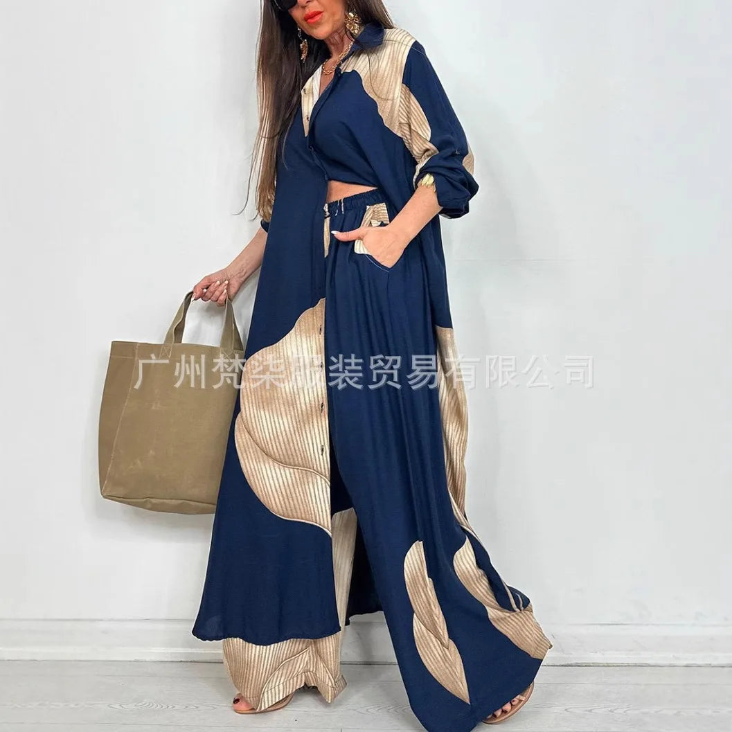 Fashion Loose Printed Long Sleeve 2-piece Set Women's Single-breasted Cardigan Robe Wide-leg Pants Casual Two-piece Outfit Woman