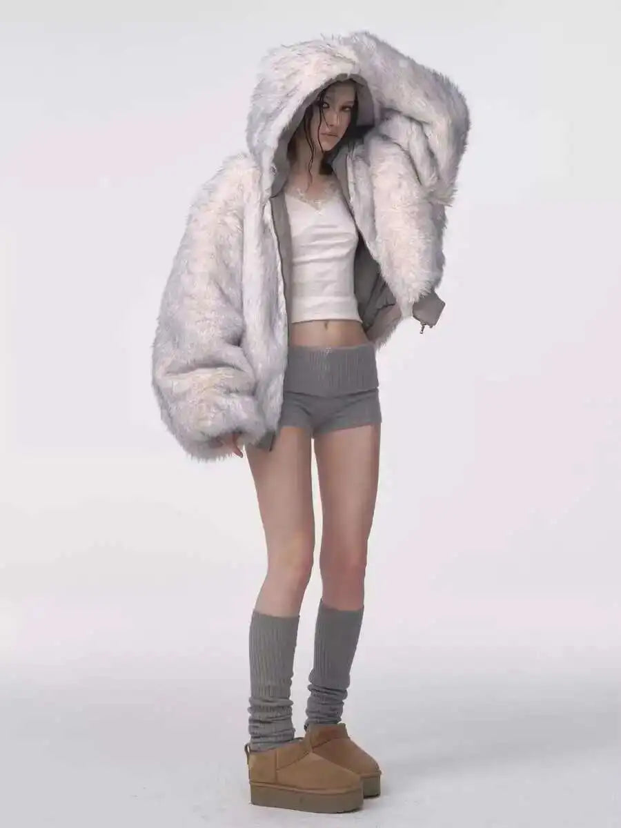 Winter American Retro Fur Coat Women Padded Hooded Cotton-Padded Jacket Plush Casual Street Gothic Harajuku Oversize Coat