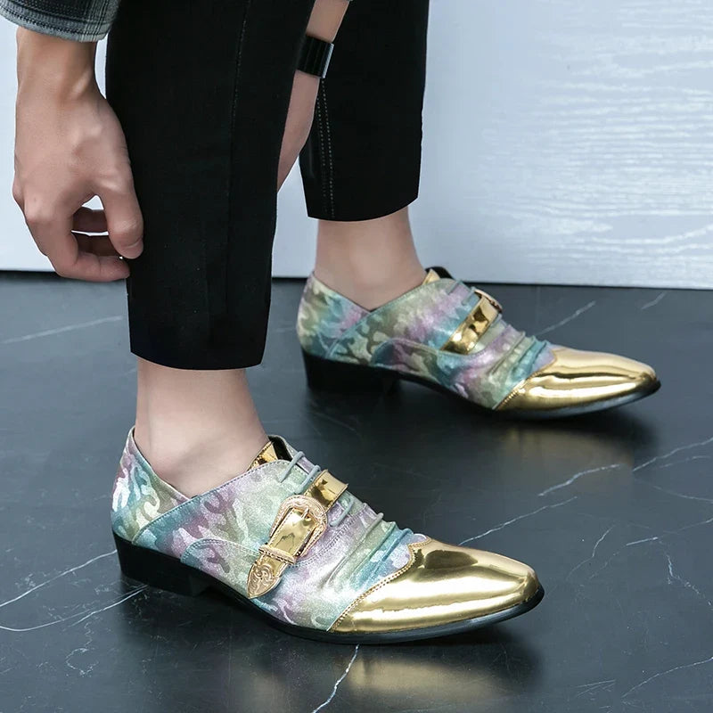 Fashion Gold Casual Shoes England Chelsea Bright Pointed Toe Leather Shoes Men Slip-on Business Party Wedding Oxford Shoes