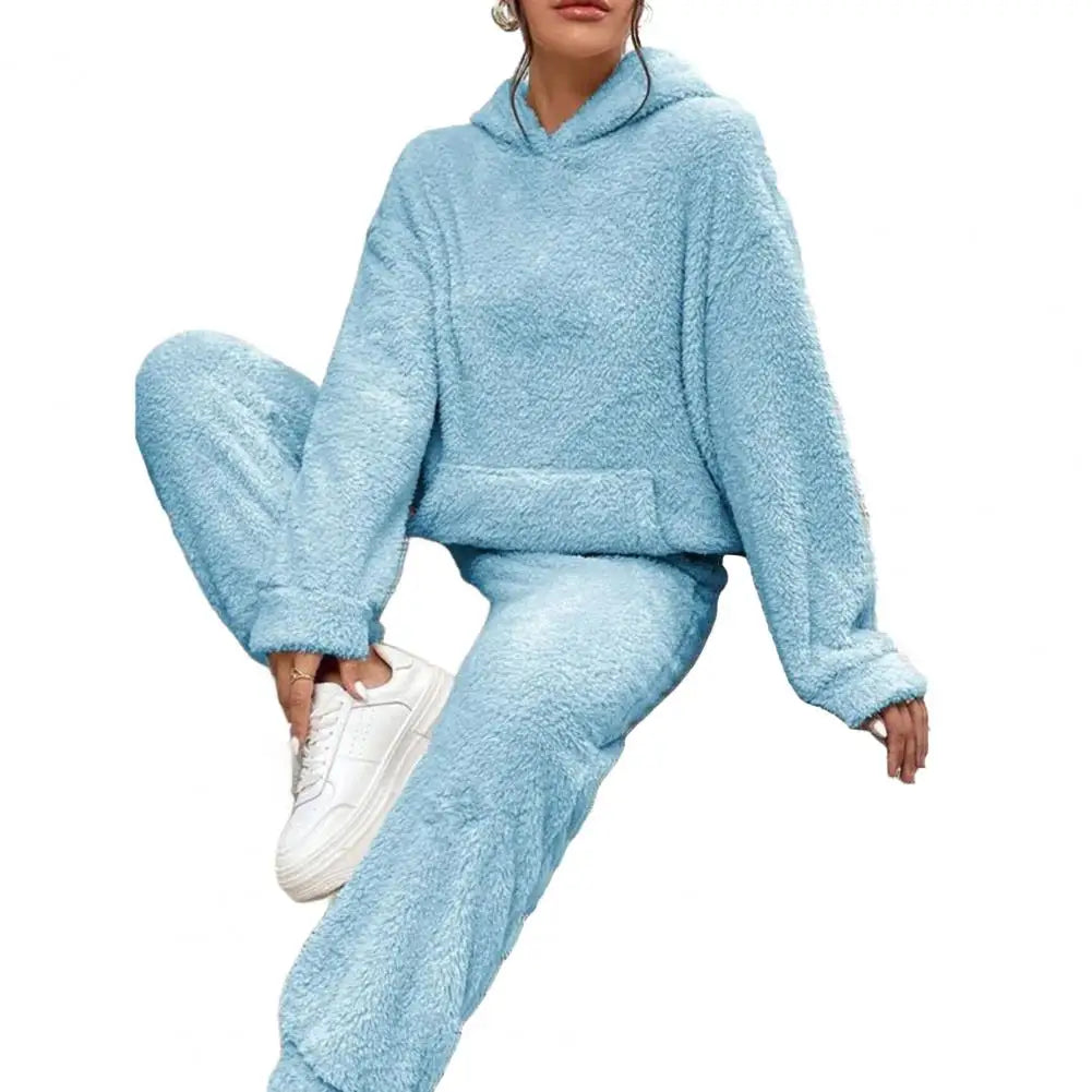 Women's Fuzzy Fleece Pajamas Set Winter Plush Pullover Hoodies And Pants Lounge Set Fluffy 2 Piece Sleepwear