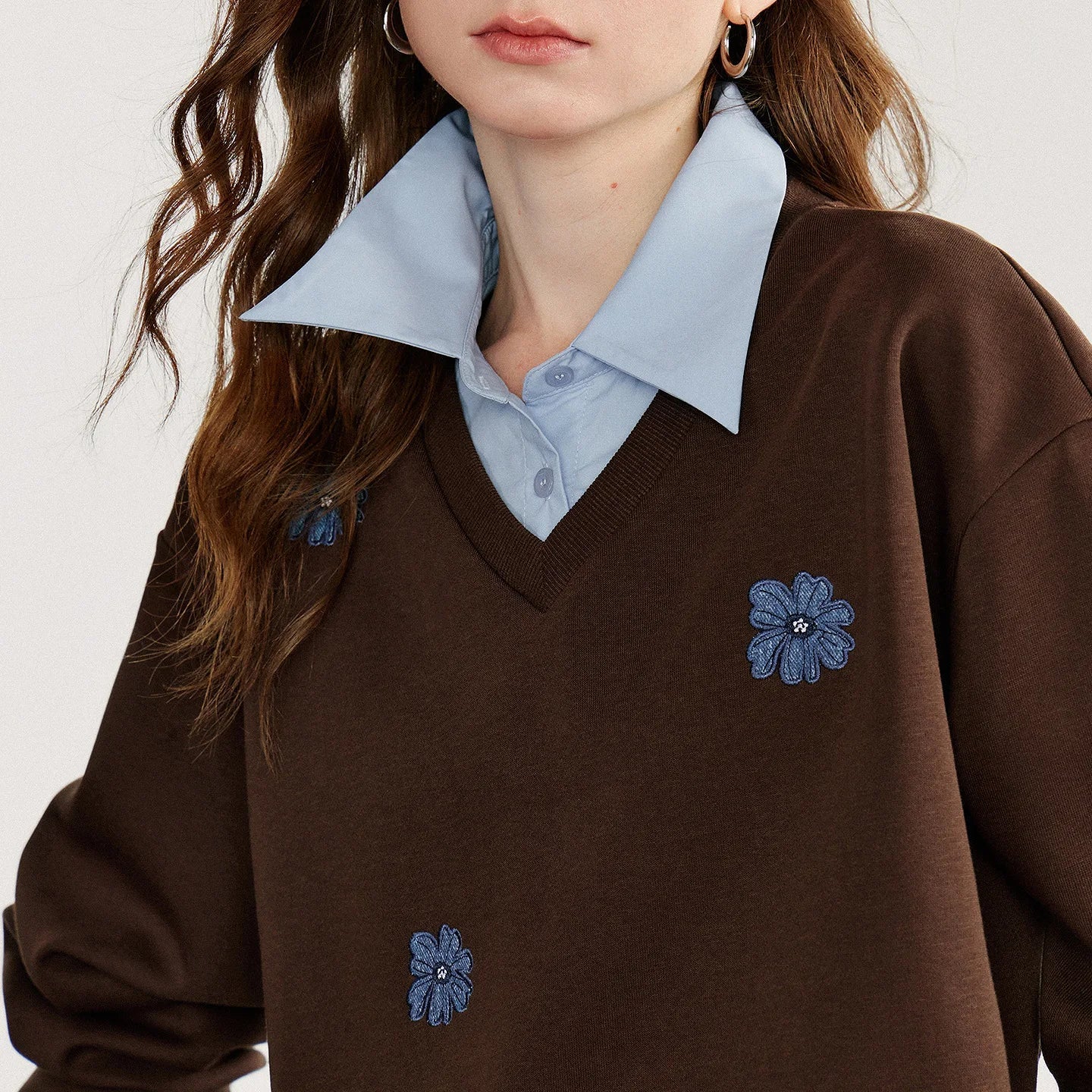 TOYOUTH Women Sweatshirt 2025 Autumn New Denim Flower Embroidery Fake Two Piece Splicing Turn Down Collar Cotton Casual Pullover