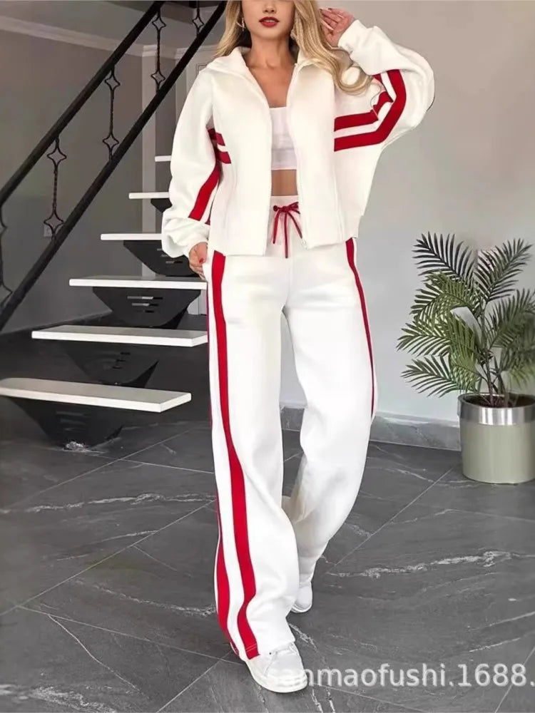 Striped Zipper Coat+sweatpants Two Piece Set Women Casual Batwing Sleeve Sports Jacket Outfits Autumn Winter Sweatshirt Suit Y2K