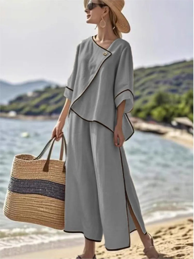 Women Loose Striped Print Split Wide Legs Pants Two Piece Sets Spring Elegant Slanted Short Sleeves Set Office Ladies 2Piece Set