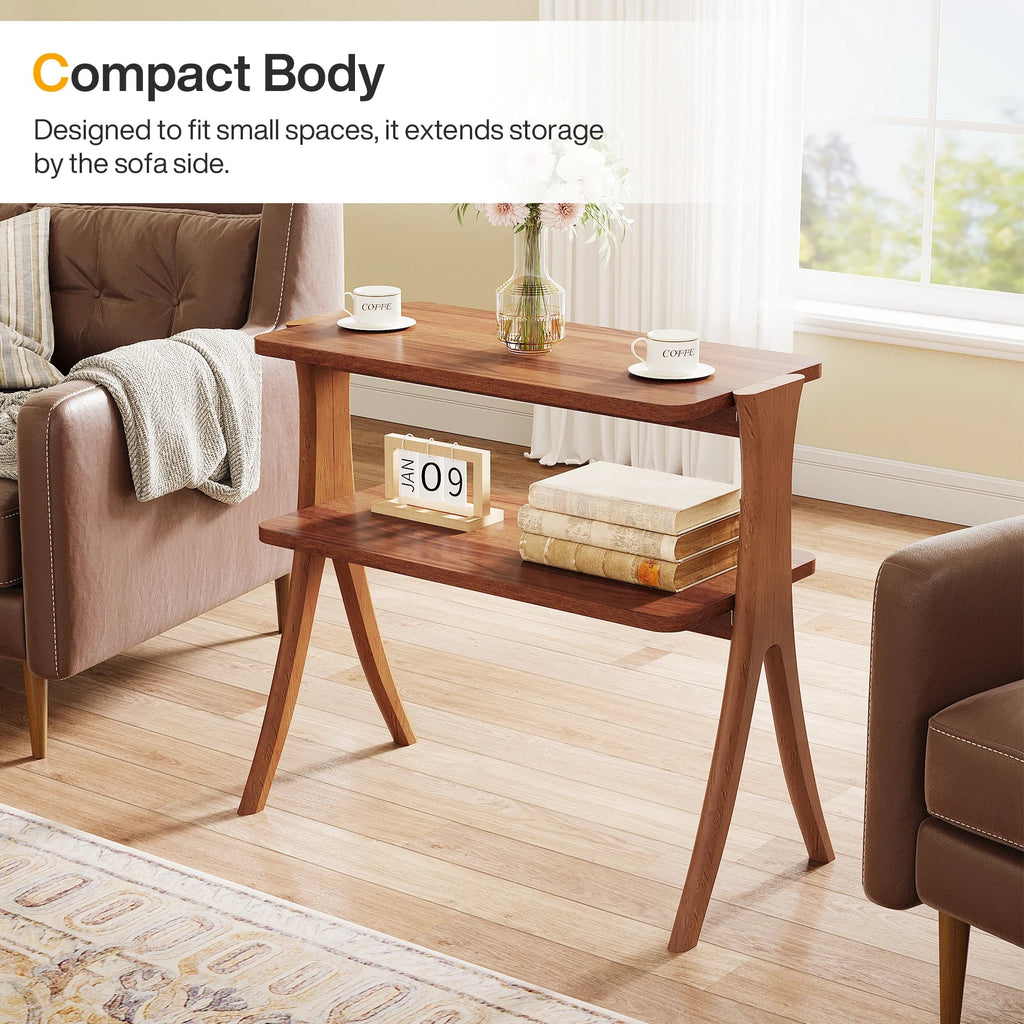 Tribesigns Walnut Side Table for Living Room, Narrow End Table with 2-Tier Storage Shelf and Solid Wood Legs, Slim Bedside Table