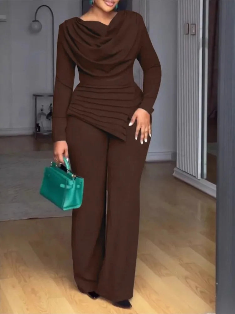 Fashion Solid Set For Women Casual Long Sleeve Pile Collar Slim Tops+High Waist Wide Leg Pants 2 Piece Sets Lady Office Clothes