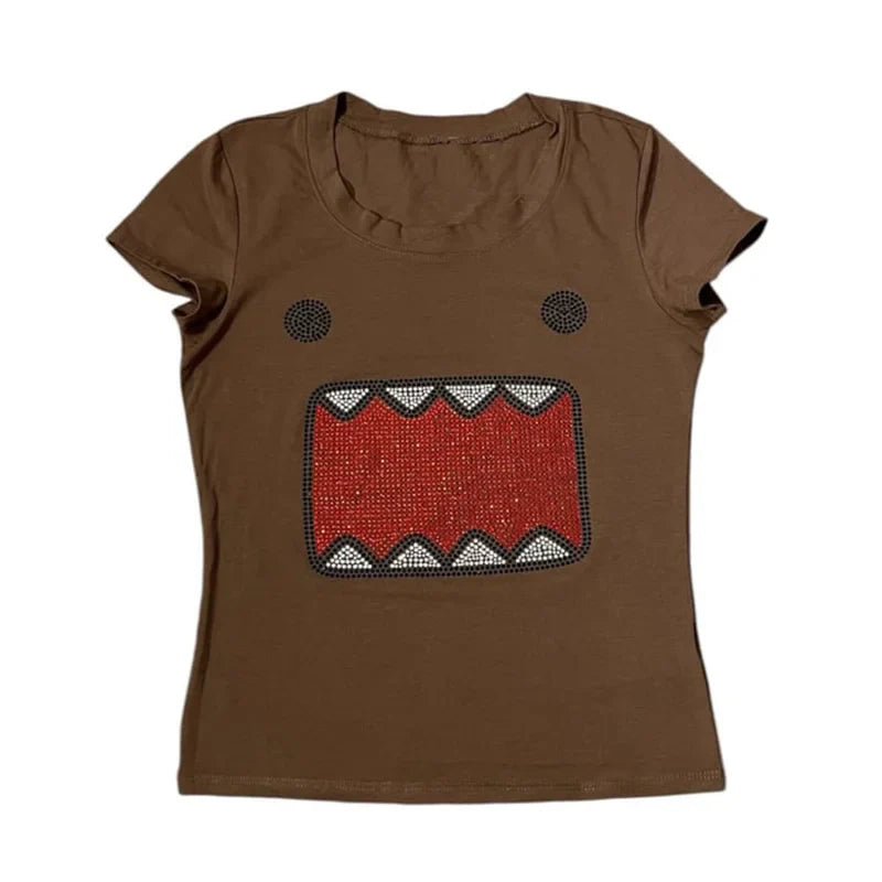 2025 summer new women Y2K Girl Retro Hot Fix Rhinestone Application Round  Neck Top T-shirt  Funny Vintage Tama Jun Top