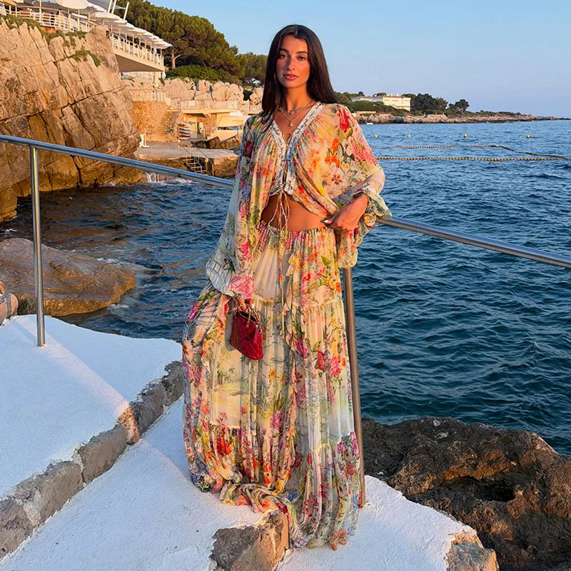 Bohemian Floral Matching Set V Neck Tie Front Crop Top Elastic Waist Tiered Ruffle Maxi Skirt Vacation 2 Piece Outfit 2026 Beach