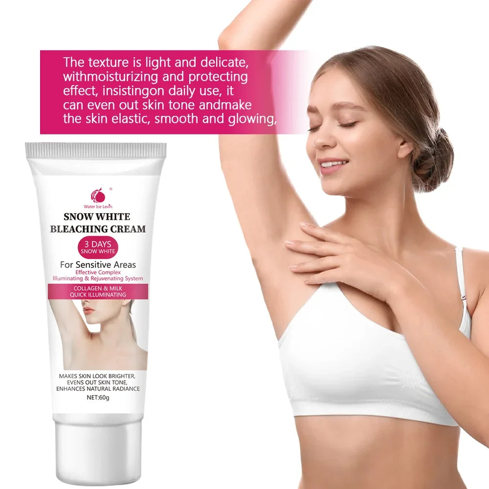 Snow White cream, private parts, underarms, knees, elbows, inner thighs, bikini line, armpits, dark areas of the body
