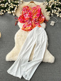 New Summer Women's Fashion Set Beach Vacation Short Sleeve V-neck Waist Loose Shirt Wide Leg Pants Two Piece Set  A77