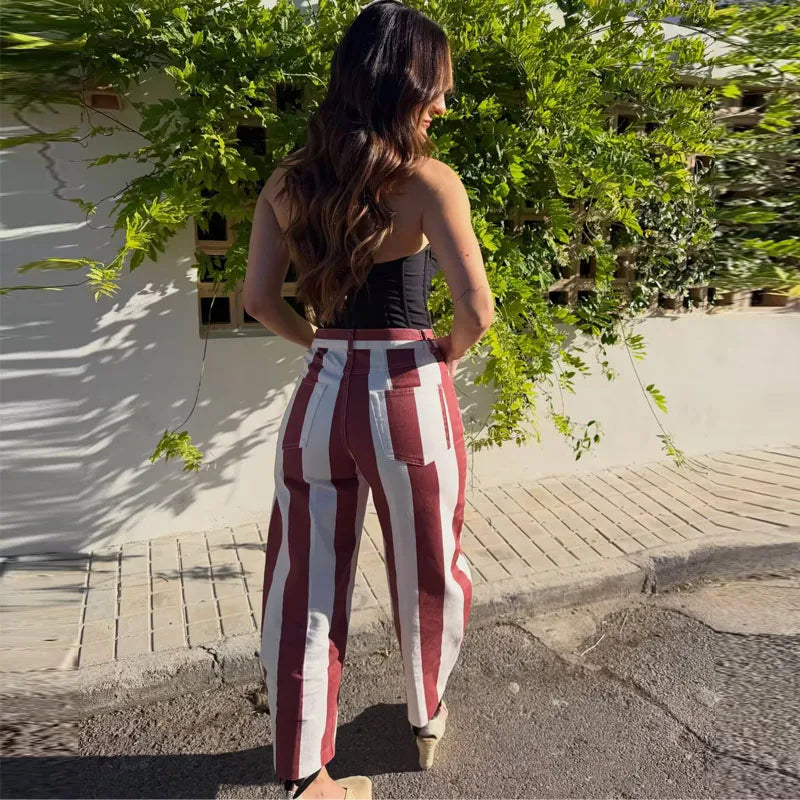 HXAO Women's Jeans Striped Denim Pants Women's High-waisted Jeans Baggy Wide Leg Long Trousers Casual Streetwear Female Bottoms
