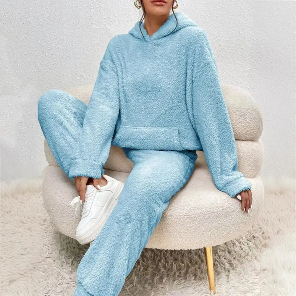 Women's Fuzzy Fleece Pajamas Set Winter Plush Pullover Hoodies And Pants Lounge Set Fluffy 2 Piece Sleepwear
