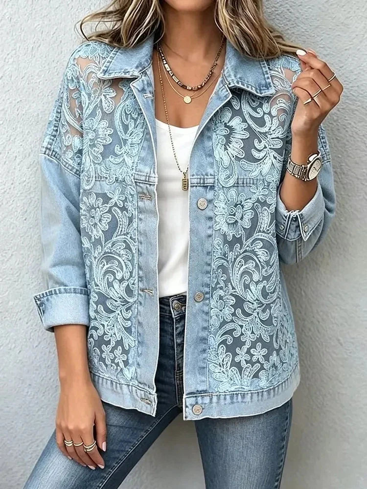 2026 New Women Lace Spliced Denim Jacket Loose Casual Lapel Long Sleeve Single Breasted Short Coat Fashion Streetwear Outerwear
