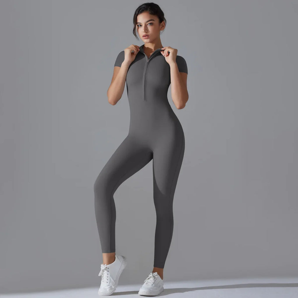 Naked zipper short sleeved yoga suit jumpsuit, quick drying breathable outdoor sports tight fitting jumpsuit, fitness suit