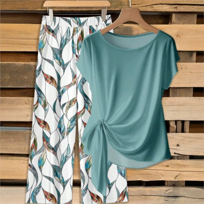 New Casual Printed Two Piece Set for Women O Neck Short Sleeve Ruffled Tops T-Shirt + Loose Wide Leg Pants Suits Summer 2026