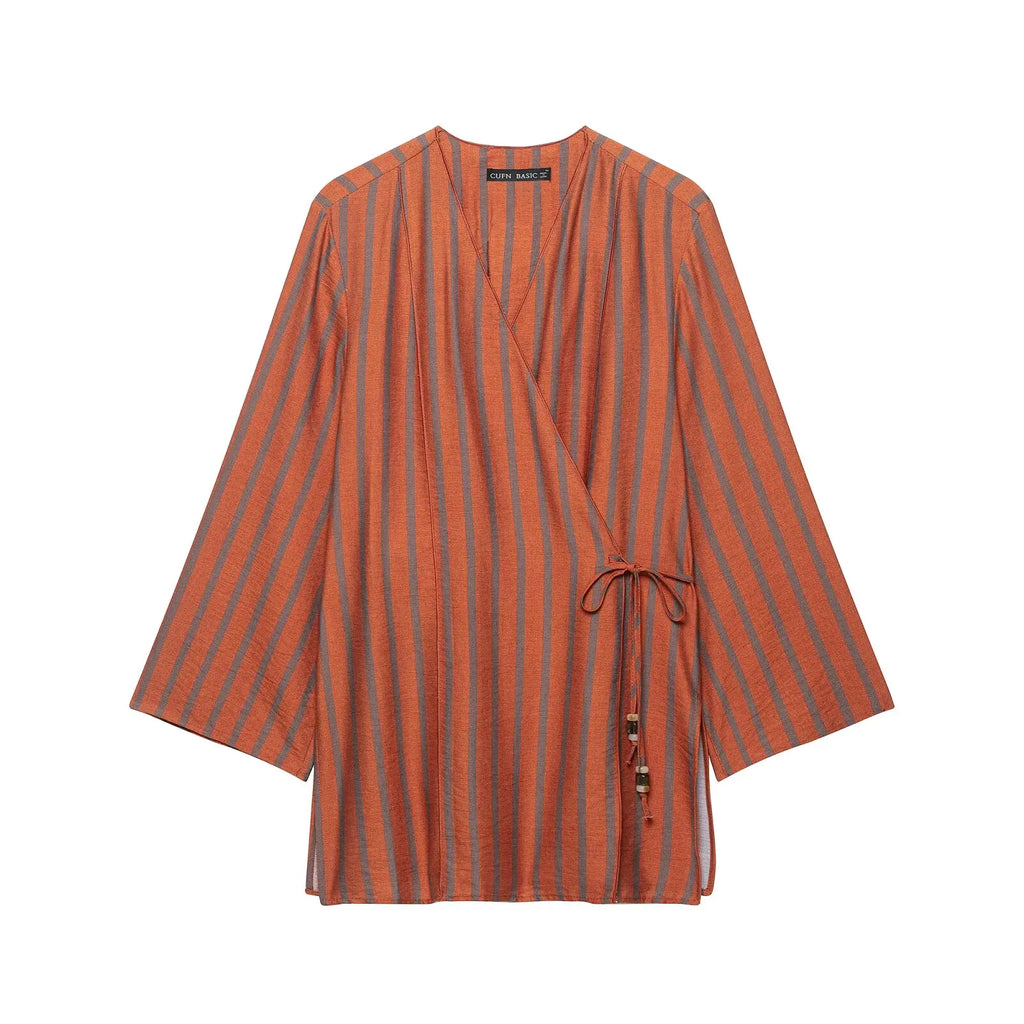 KLKXMYT Women's Vintage Stripe Pants Set Long Sleeve Tied Shirt Tops Suits 2026 Autumn Casual 2 Pieces Set Women ﻿ ﻿