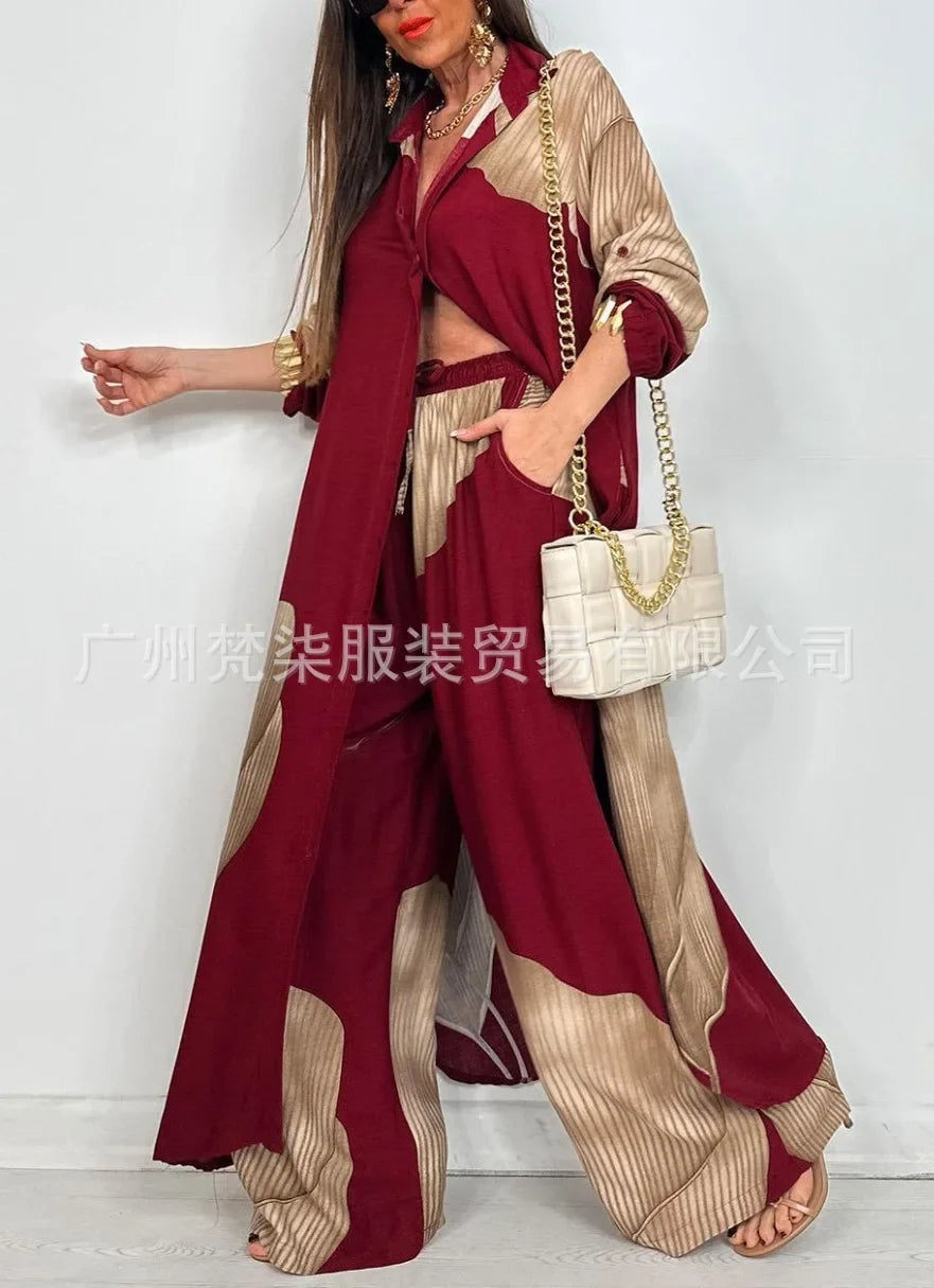 Fashion Loose Printed Long Sleeve 2-piece Set Women's Single-breasted Cardigan Robe Wide-leg Pants Casual Two-piece Outfit Woman