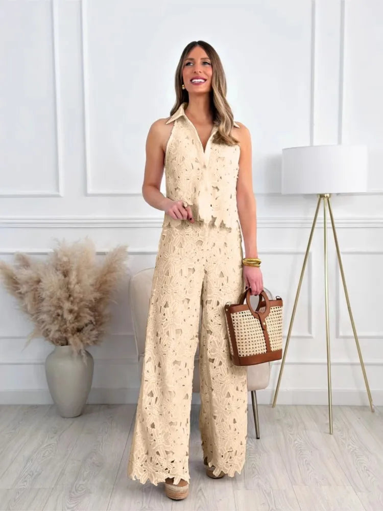 Fashion Lace Embroidered Cardigan Vest Tops + Wide-leg Trousers 2-piece Summer New Chic Elegant Women OfficeLong Pants Suit 2025