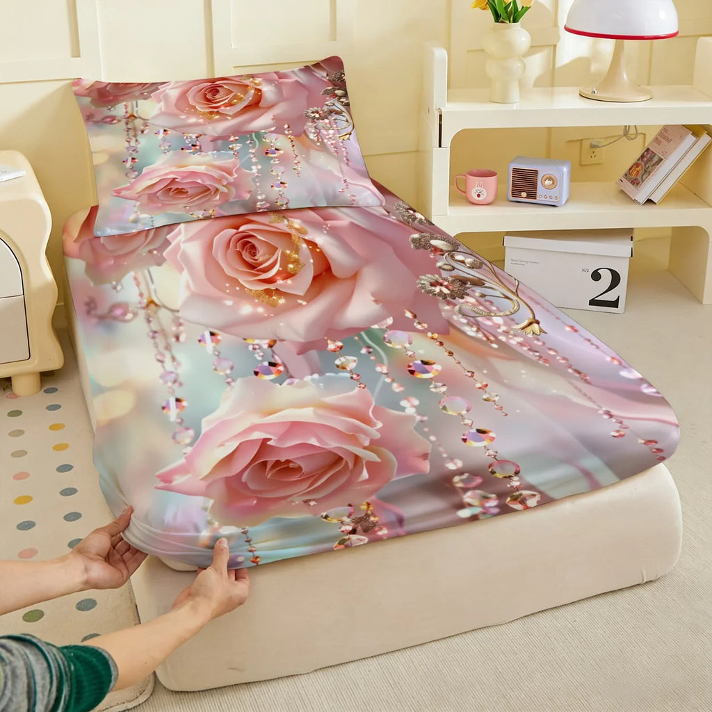 1pc 3D Pink Roses with Crystal Bead Print Fitted Sheet Deep Pocket Elastic Mattress Cover Single Double Queen King Bedroom Decor