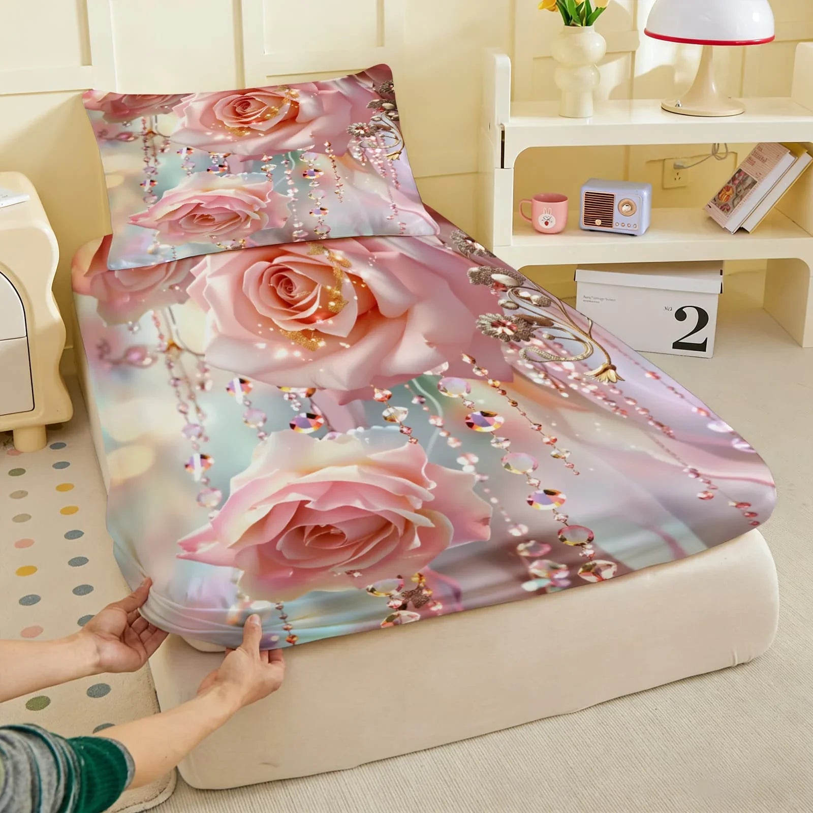1pc 3D Pink Roses with Crystal Bead Print Fitted Sheet Deep Pocket Elastic Mattress Cover Single Double Queen King Bedroom Decor