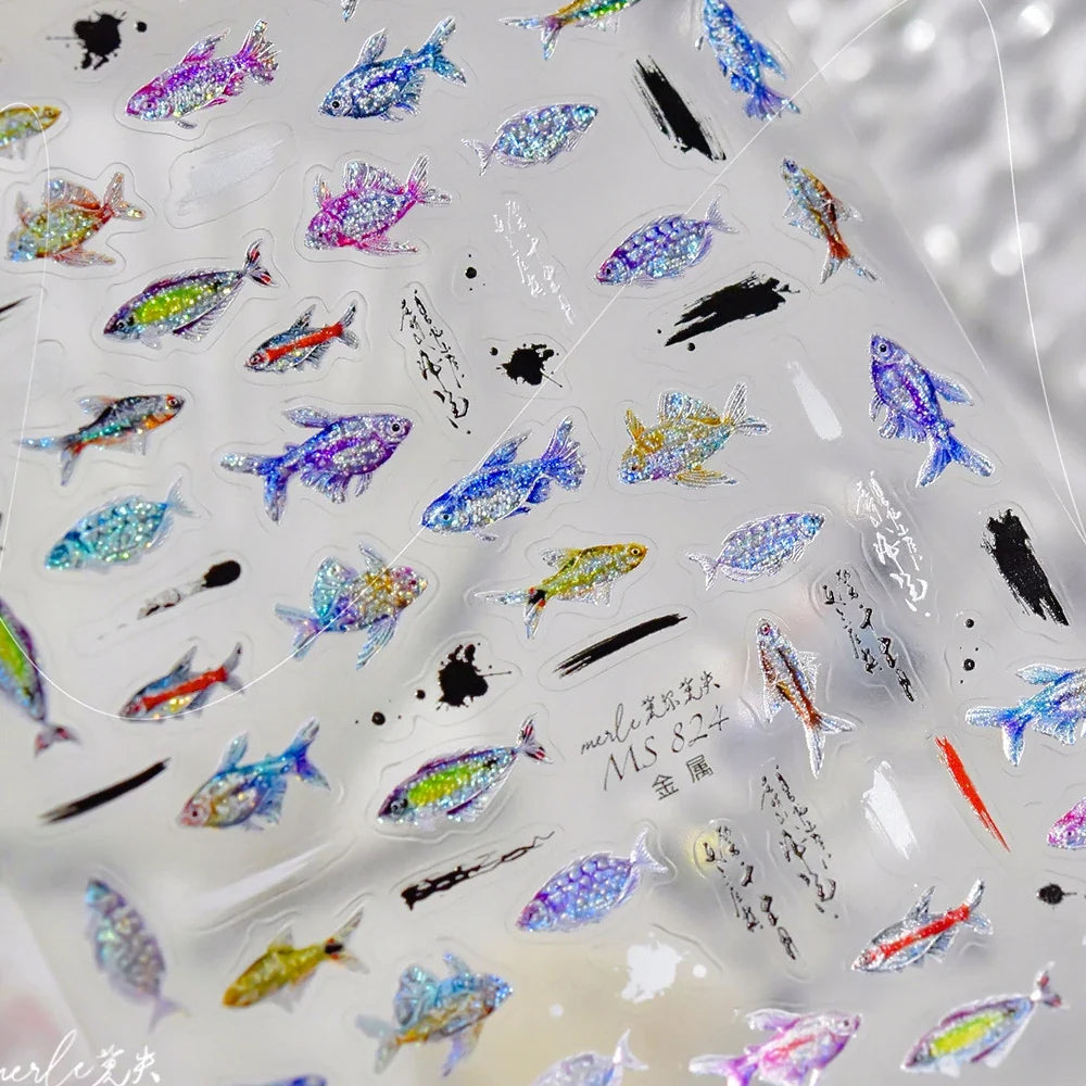 5D Metal Fish Nail Art Stickers Tiny Ocean Shoal of Fish Foil Waves Summer Beach Self Adhesive Decoration Manicure Decal DIY